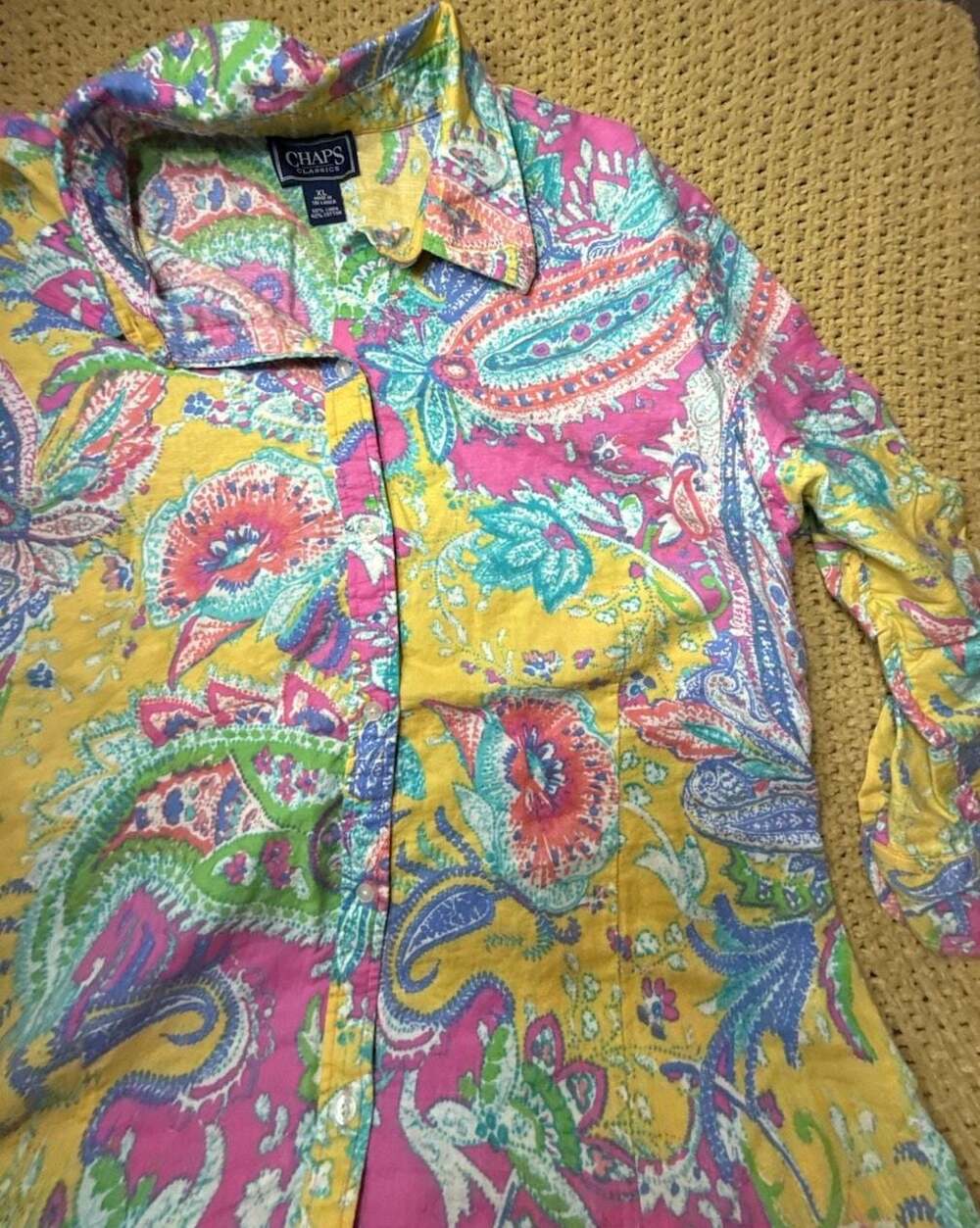 Chaps Classics Women's XL Button Down Shirt Multi-Color Paisley Linen Blend - Picture 3 of 8